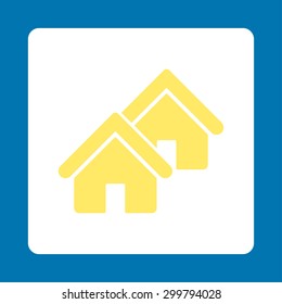 Realty icon. Vector style is yellow and white colors, flat rounded square button on a blue background.