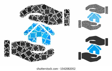 Realty insurance hands composition of humpy items in variable sizes and color tints, based on realty insurance hands icon. Vector humpy pieces are combined into composition.