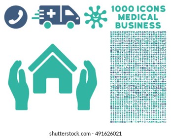 Realty Insurance Hands icon with 1000 medical business cobalt and cyan vector pictographs. Set style is flat bicolor symbols, white background.
