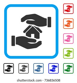 Realty Insurance Hands icon. Flat grey pictogram symbol inside a light blue rounded rectangular frame. Black, gray, green, blue, red, orange color additional versions of Realty Insurance Hands vector.
