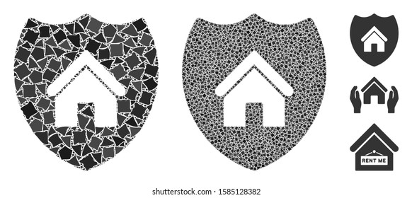Realty insurance icon composition of bumpy elements in variable sizes and color tinges, based on realty insurance icon. Vector tuberous pieces are combined into collage.