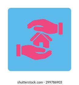 Realty insurance icon. Vector style is pink and blue colors, flat rounded square button on a white background.
