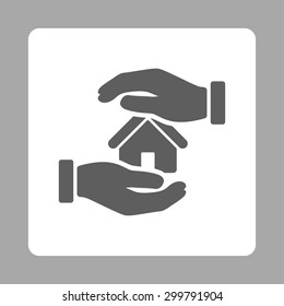 Realty insurance icon. Vector style is dark gray and white colors, flat rounded square button on a silver background.