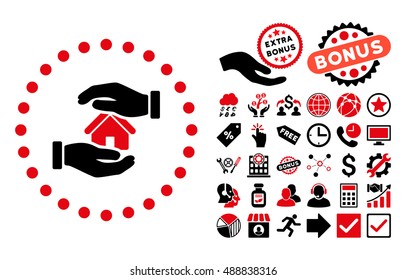 Realty Insurance pictograph with bonus design elements. Vector illustration style is flat iconic bicolor symbols, intensive red and black colors, white background.