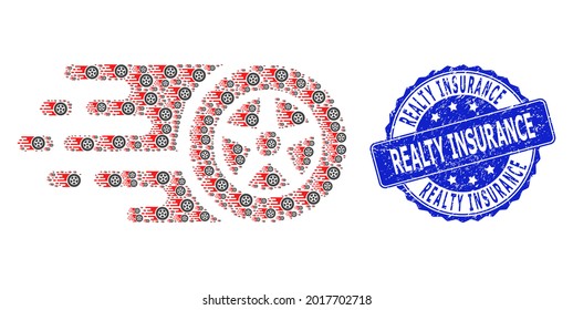 Realty Insurance rubber round stamp seal and vector recursion collage tire wheel. Blue seal includes Realty Insurance text inside round shape. Vector collage is made from repeating tire wheel icons.