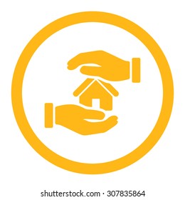 Realty insurance vector icon. This rounded flat symbol is drawn with yellow color on a white background.