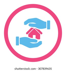 Realty insurance vector icon. This rounded flat symbol is drawn with pink and blue colors on a white background.