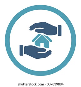 Realty insurance vector icon. This rounded flat symbol is drawn with cyan and blue colors on a white background.