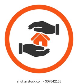 Realty insurance vector icon. This rounded flat symbol is drawn with orange and gray colors on a white background.