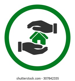 Realty insurance vector icon. This rounded flat symbol is drawn with green and gray colors on a white background.