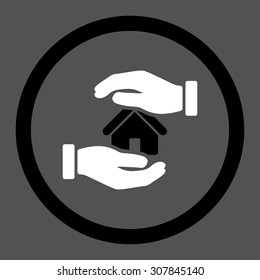 Realty insurance vector icon. This rounded flat symbol is drawn with black and white colors on a gray background.