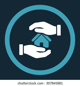 Realty insurance vector icon. This rounded flat symbol is drawn with blue and white colors on a dark blue background.