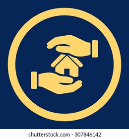 Realty insurance vector icon. This rounded flat symbol is drawn with yellow color on a blue background.