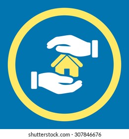 Realty insurance vector icon. This rounded flat symbol is drawn with yellow and white colors on a blue background.