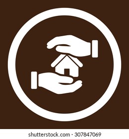 Realty insurance vector icon. This rounded flat symbol is drawn with white color on a brown background.