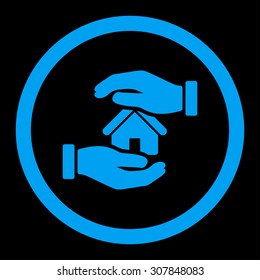 Realty insurance vector icon. This rounded flat symbol is drawn with blue color on a black background.