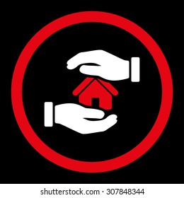 Realty insurance vector icon. This rounded flat symbol is drawn with red and white colors on a black background.