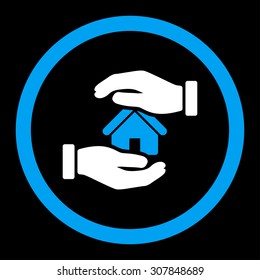 Realty insurance vector icon. This rounded flat symbol is drawn with blue and white colors on a black background.