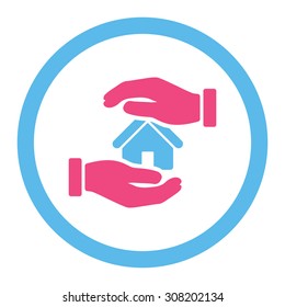 Realty insurance vector icon. This rounded flat symbol is drawn with pink and blue colors on a white background.