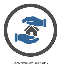 Realty insurance vector icon. This rounded flat symbol is drawn with cobalt and gray colors on a white background.
