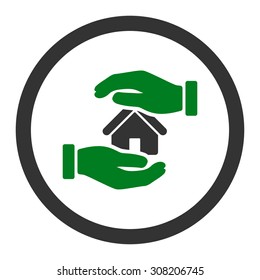 Realty insurance vector icon. This rounded flat symbol is drawn with green and gray colors on a white background.