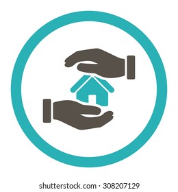 Realty insurance vector icon. This rounded flat symbol is drawn with grey and cyan colors on a white background.