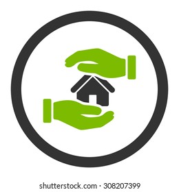 Realty insurance vector icon. This rounded flat symbol is drawn with eco green and gray colors on a white background.