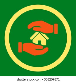 Realty insurance vector icon. This rounded flat symbol is drawn with orange and yellow colors on a green background.