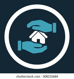 Realty insurance vector icon. This rounded flat symbol is drawn with blue and white colors on a dark blue background.
