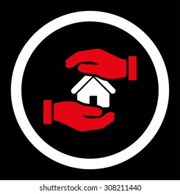 Realty insurance vector icon. This rounded flat symbol is drawn with red and white colors on a black background.