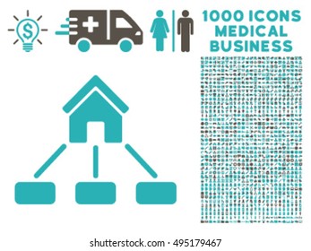 Realty Links icon with 1000 medical business grey and cyan vector design elements. Clipart style is flat bicolor symbols, white background.