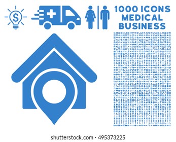 Realty Location icon with 1000 medical commercial cobalt vector pictographs. Collection style is flat symbols, white background.