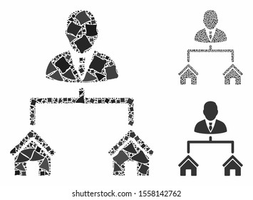 Realty manager composition of tuberous parts in various sizes and color tones, based on realty manager icon. Vector uneven parts are united into collage.