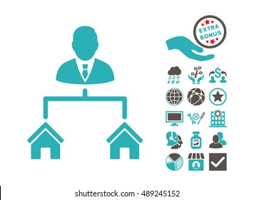 Realty Manager pictograph with bonus elements. Vector illustration style is flat iconic bicolor symbols, grey and cyan colors, white background.