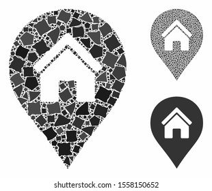 Realty map marker composition of unequal items in variable sizes and color tones, based on realty map marker icon. Vector trembly items are composed into collage.