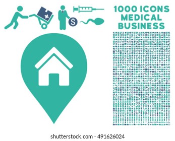 Realty Map Marker icon with 1000 medical commercial cobalt and cyan vector pictographs. Set style is flat bicolor symbols, white background.