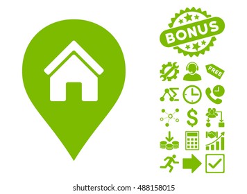 Realty Map Marker icon with bonus clip art. Vector illustration style is flat iconic symbols, eco green color, white background.