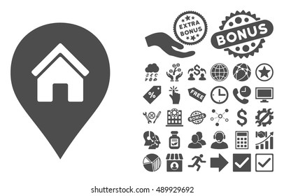 Realty Map Marker icon with bonus icon set. Vector illustration style is flat iconic symbols, gray color, white background.