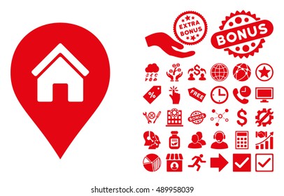 Realty Map Marker icon with bonus elements. Vector illustration style is flat iconic symbols, red color, white background.