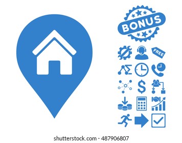 Realty Map Marker pictograph with bonus icon set. Vector illustration style is flat iconic symbols, cobalt color, white background.