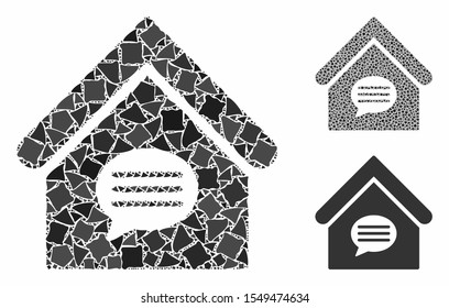 Realty message composition of ragged items in variable sizes and shades, based on realty message icon. Vector tremulant items are combined into composition.