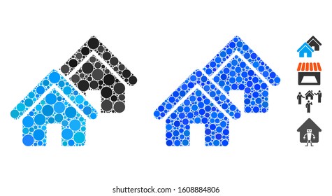 Realty mosaic of filled circles in different sizes and color tints, based on realty icon. Vector filled circles are combined into blue illustration. Dotted realty icon in usual and blue versions.