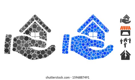 Realty offer hand mosaic of filled circles in different sizes and color tinges, based on realty offer hand icon. Vector filled circles are composed into blue composition.
