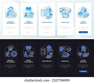 Realty operations night and day mode onboarding mobile app screen. Work walkthrough 5 steps graphic instructions pages with linear concepts. UI, UX, GUI template. Myriad Pro-Bold, Regular fonts used