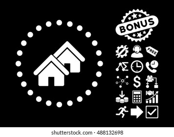 Realty pictograph with bonus pictograph collection. Vector illustration style is flat iconic symbols, white color, black background.