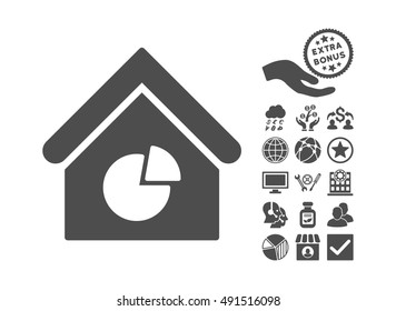Realty Pie Chart icon with bonus design elements. Vector illustration style is flat iconic symbols, gray color, white background.