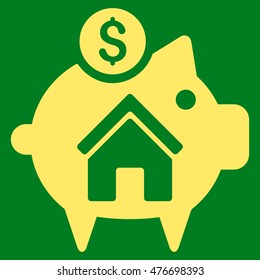 Realty Piggy Bank icon. Vector style is flat iconic symbol, yellow color, green background.