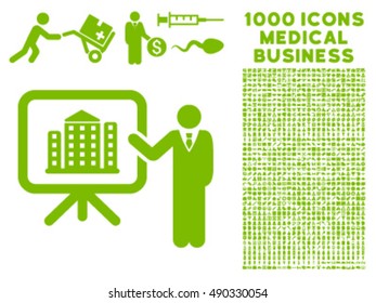 Realty Presention icon with 1000 medical business eco green vector pictograms. Design style is flat symbols, white background.