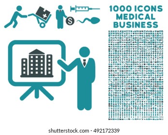 Realty Presention icon with 1000 medical business soft blue vector pictographs. Collection style is flat bicolor symbols, white background.