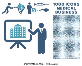 Realty Presention icon with 1000 medical business cyan and blue vector design elements. Set style is flat bicolor symbols, white background.